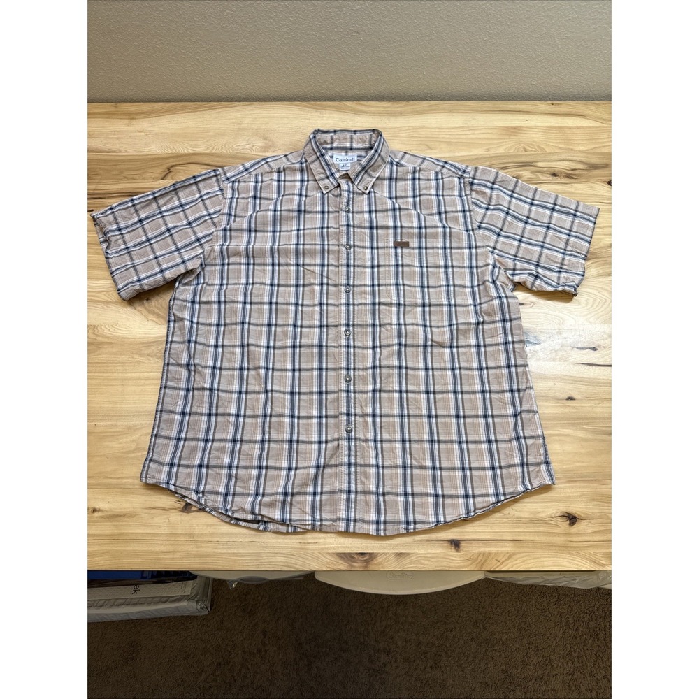 Carhartt S163 Men's Navy Tan Plaid Short Sleeve Button Up Shirt Size 2XL